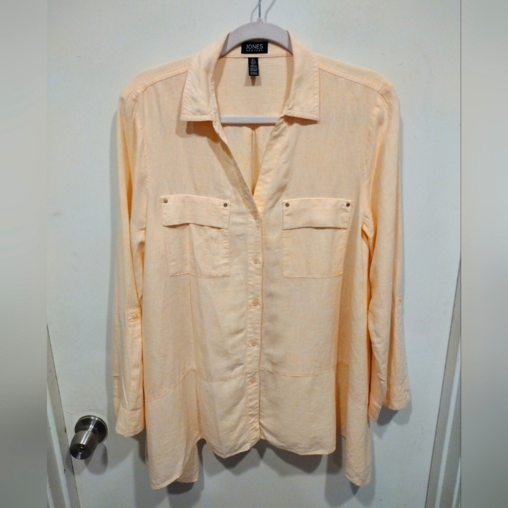 Jones New York Linen Blend Peach Longline Button Front Tunic Top Sz L Lagenlook